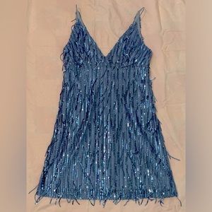 Xtraordinary Baby Blue V-Neck Sequin Fringe mini dress. Size 5 Juniors.